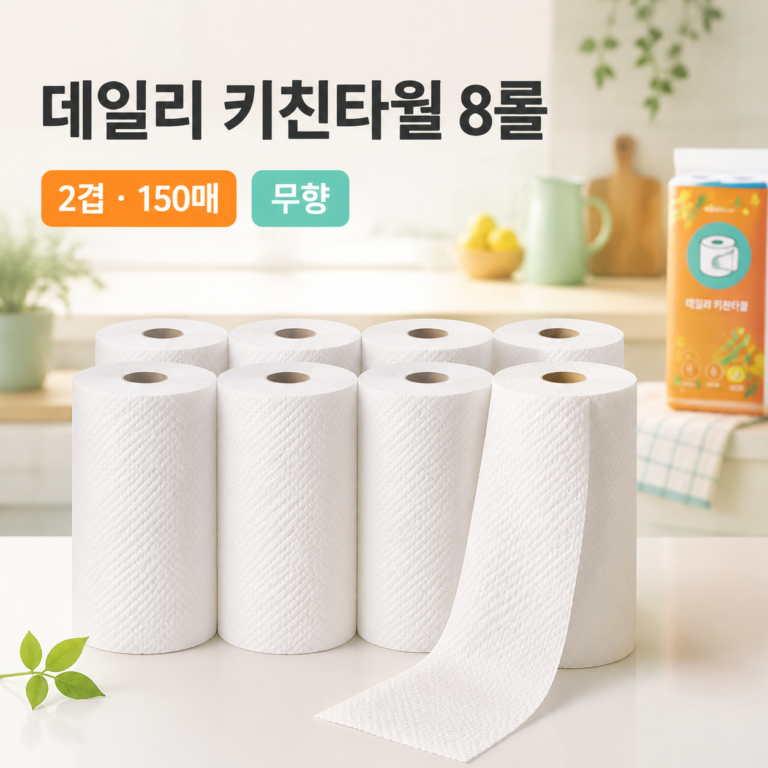 깨끗한나라 데일리 키친타월 8롤 2겹 150매 무향 엠보싱 주방용 종이타월